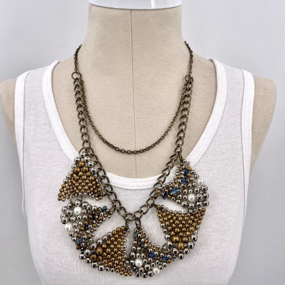 Pam Hiran Anthropologie Mixed Metal Beaded Layered Drop Bib Statement Necklace